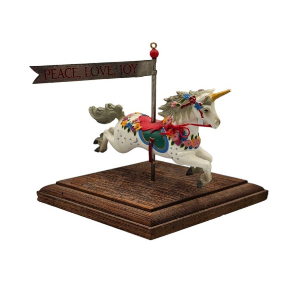 Vintage Unicorn Carousel Horse Hand Painted Figurine Wooden Base Peace Love Joy - Picture 1 of 8